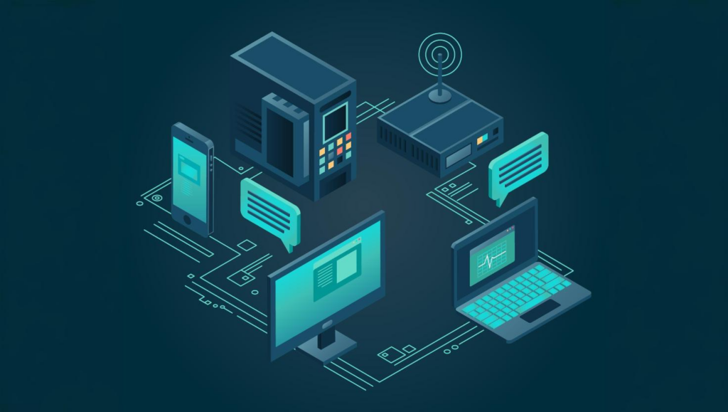 A digital illustration of various communication devices, including a smartphone, desktop computer, laptop, modem, and server, interconnected with circuit-like lines and chat icons. This visual represents the ecosystem of hosted PBX phone systems and cloud-based phone systems that support scalable communication and modern business telecom solutions.