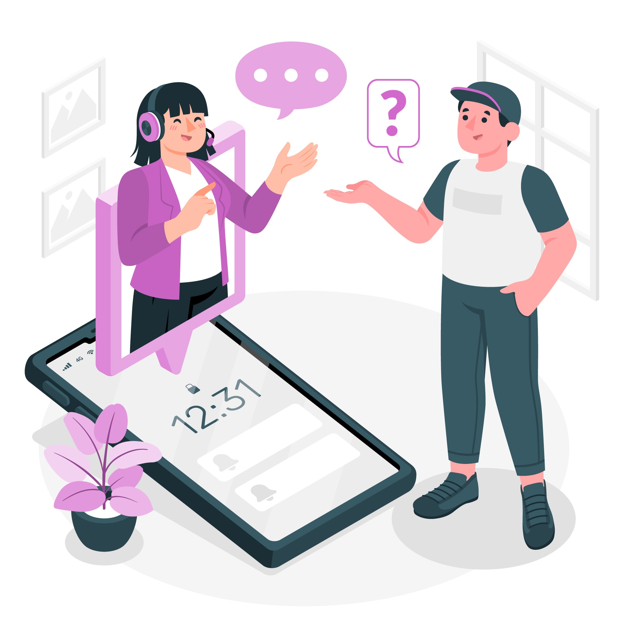 An illustrated man talks to a woman in a headset who appears to be emerging from a large smartphone screen. Speech bubbles above them suggest active dialogue. This visual represents customer communication supported by responsive business voice solutions and interactive voice system features using modern telecom tools.