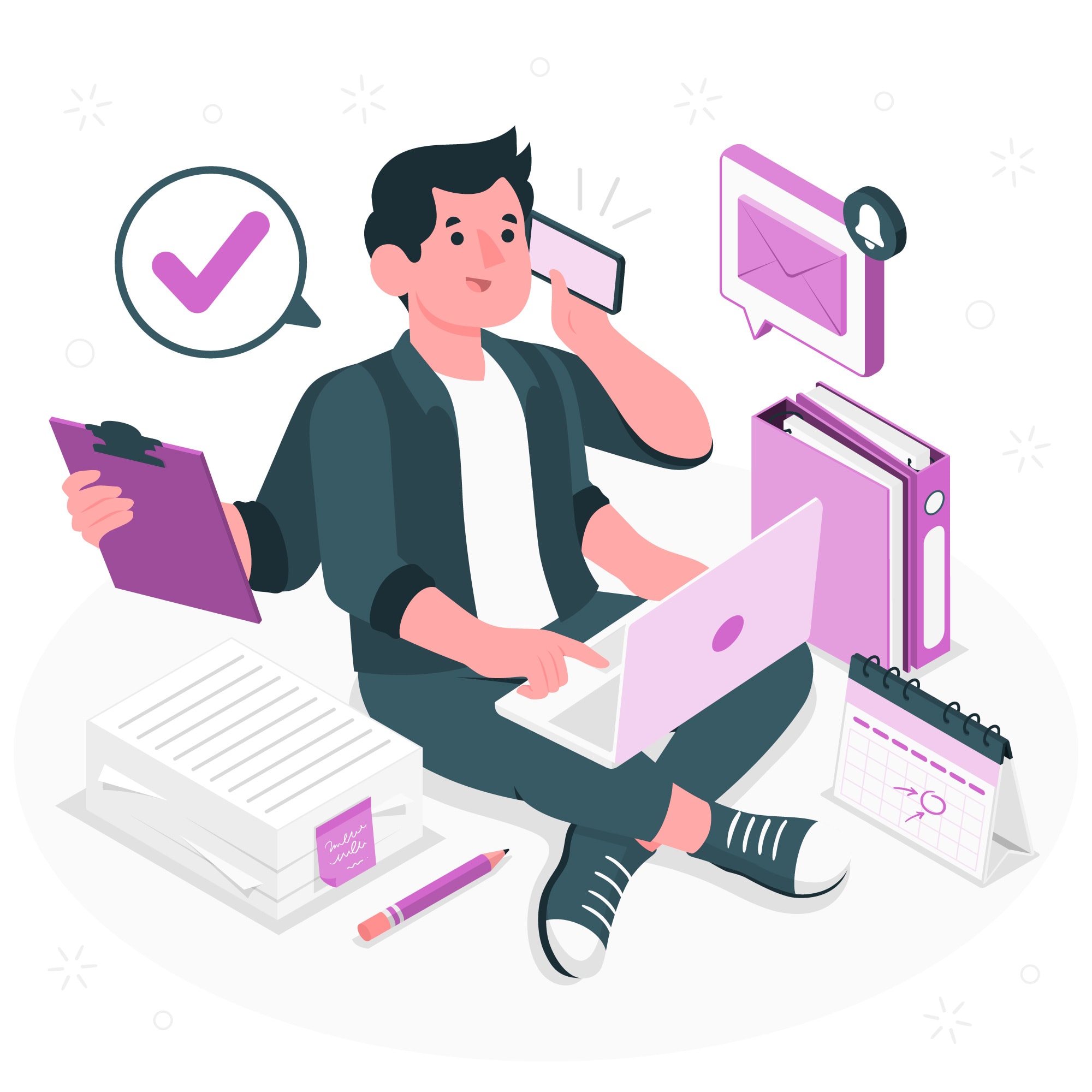 An illustrated man sits on the floor multitasking with a laptop, clipboard, and smartphone surrounded by binders and message icons. The scene portrays efficient customer communication powered by integrated telecom tools and business voice solutions designed to streamline tasks with advanced voice system features.