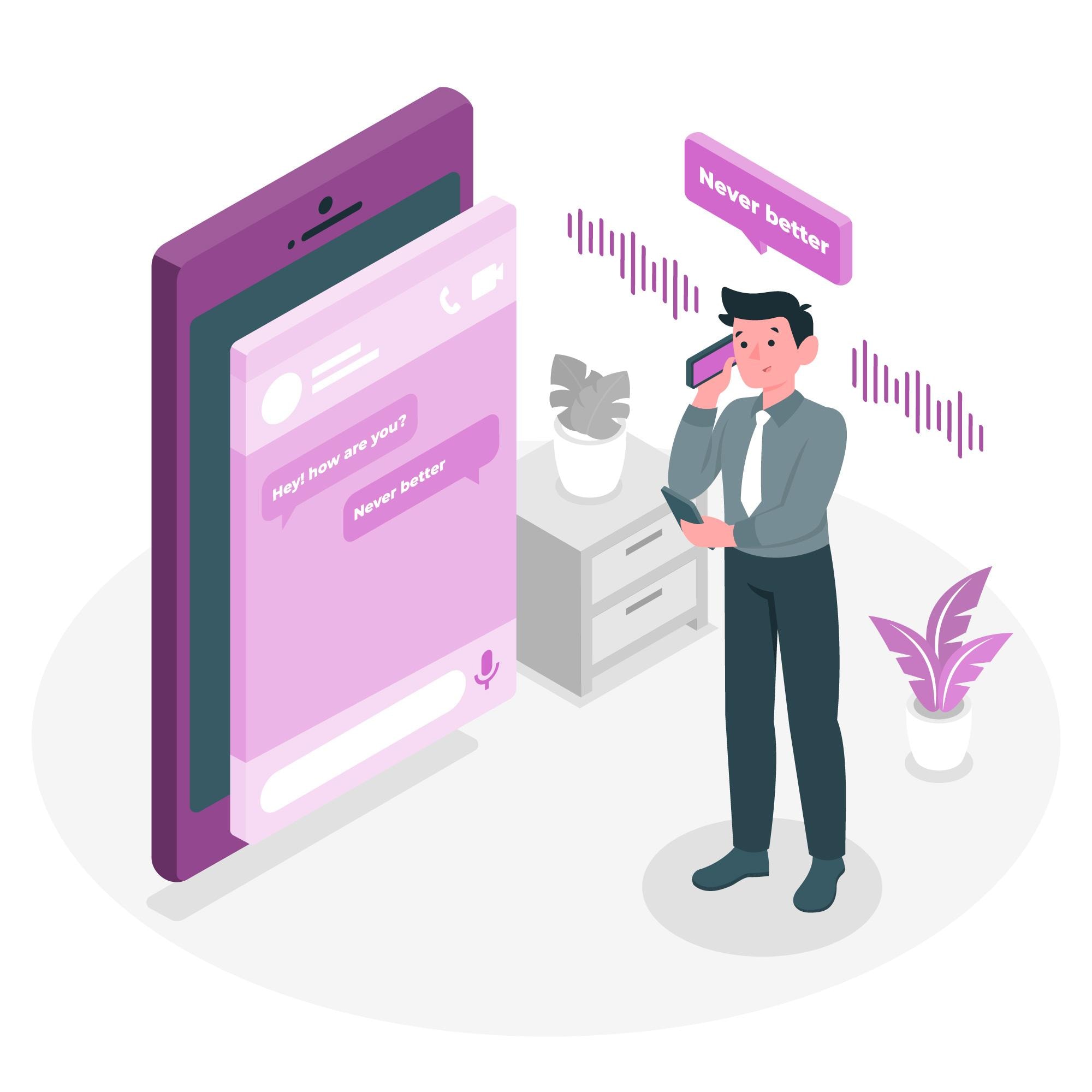 An illustrated businessman stands in an office using a mobile phone, surrounded by digital message bubbles and audio wave graphics. A large screen displays a chat conversation, symbolizing how business voice solutions and advanced telecom tools enable dynamic customer communication through versatile voice system features.