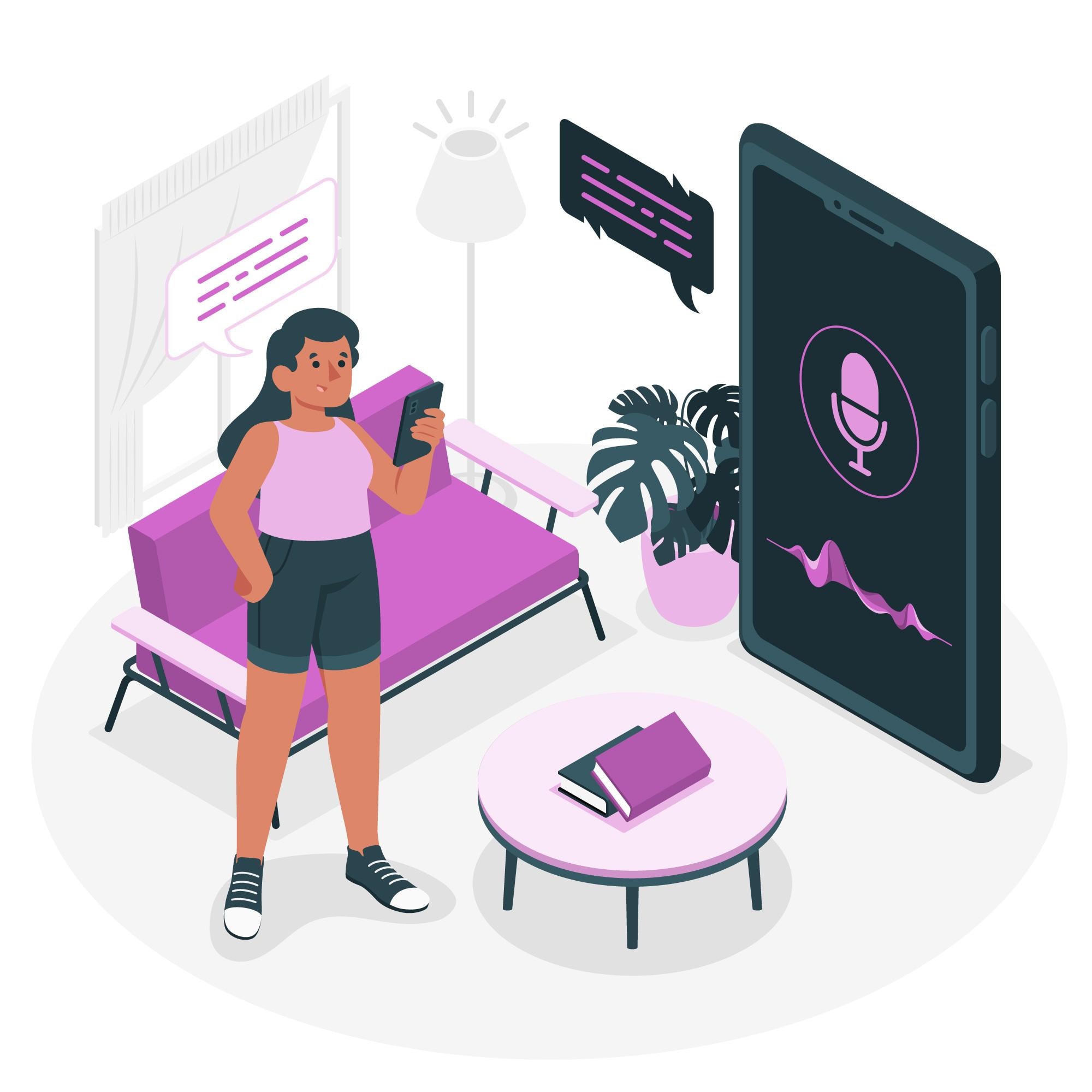 A cartoon woman stands in a stylish living room, holding a smartphone while a large virtual interface displays a microphone and sound waves. This illustration emphasizes the use of telecom tools and voice system features in personal and professional environments, reflecting the ease of customer communication through business voice solutions.