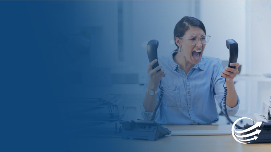 Frustrated woman yelling while holding two phone receivers, illustrating the need for modern telecom solutions.